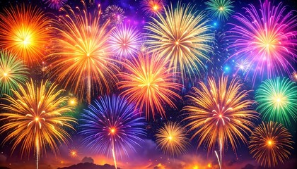 Vibrant fireworks exploding in a dark night sky