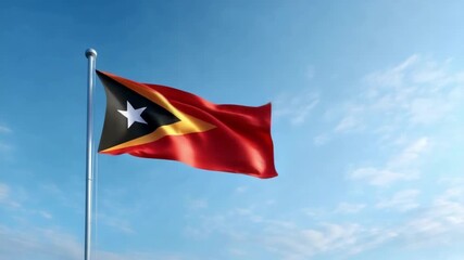 The flag of East Timor flutters proudly on a flagpole, showcasing its vibrant colors and unique design under a bright blue sky.