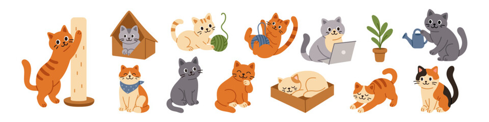 Vector set of cute cats. Funny cartoon kittens in different poses. Different happy adorable cats in flat design. Sticker and clipart collection.
