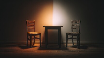 Two aged wooden chairs flanking a small table, bathed in contrasting light