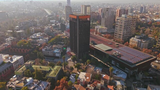 Aerial establishing drone fly Santiago de Chile, at daylight, cityscape with Gabriela Mistral Art Center