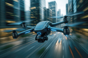 Obraz premium Advanced aerial vehicle with camera and blue lights flying over a blurred city street