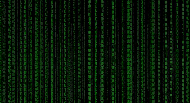 Digital Matrix Code Stream with Green Numbers and Binary Patterns on Black Background