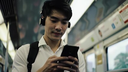 Young Man with Headphones Using Cellphone on Subway Train Wearing White Shirt and Backpack Enjoying Public Transport - Powered by Adobe