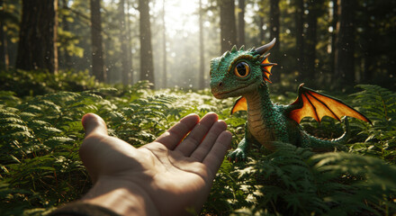 Friendly dragon meets hand in forest © Ardiyanto