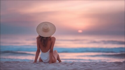 The serene woman gazing at the sunset on a tranquil beach.
