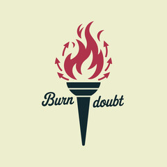Symbolic torch ignites with fiery flames and upward arrows representing the powerful act of burning doubt and embracing progress with determination