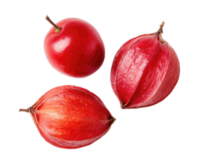 Three vibrant red fruits, two whole and one halved, arranged in a triangular pattern