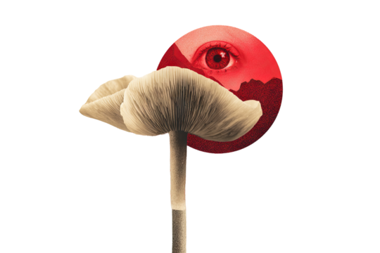 Surreal mushroom with an eye in the stem capturing attention in imaginative art