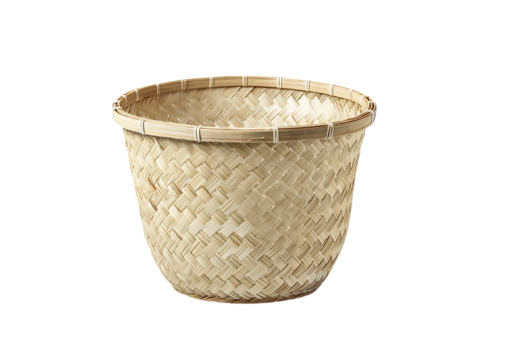 A tall woven basket for storage or display isolated on transparent background