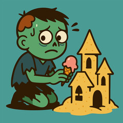 A shy zombie builds a haunted house-shaped sandcastle, nervously glancing around on a teal beach.