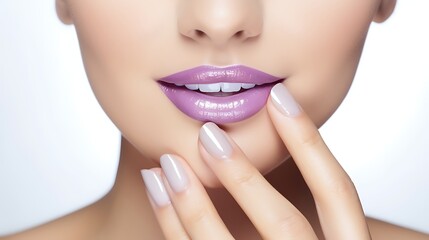 Close-up of a young woman wearing soft violet lipstick, her hand raised showing curved lilac French nails, full frame image with clear skin tone and light contrast .