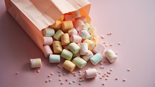 Pastel marshmallows spilling from paper bag candy sweet