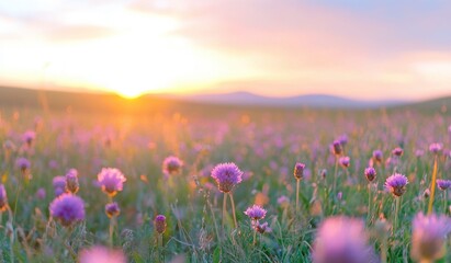 Naklejka premium A Vibrant Field of Purple Flowers Bathed in Golden Sunset Light, Emphasizing Nature's Beauty and Serene Atmosphere in a Blossoming Landscape