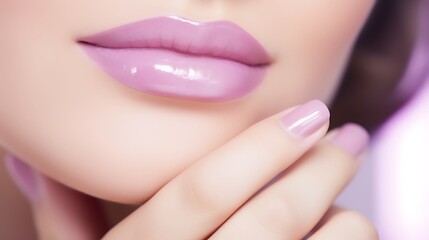 Fototapeta premium Feminine portrait with floating hands around the face, lilac French nails creating soft lines, vivid lavender lips the central focus, full frame .