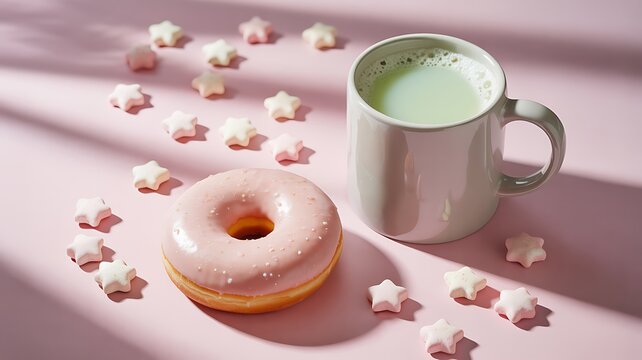 Pink donut and green drink with star candies image