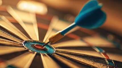 The dart piercing the bullseye on a colorful dartboard.