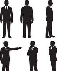 Silhouettes of Businessman character in different poses. Business man in formal suit standing front, back, rear, side view, pointing, thinking. Vector black illustrations on white background	