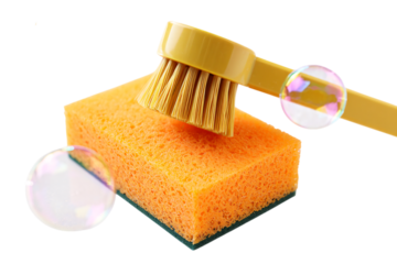 Cleaning Brush and Sponge with Bubbles on Transparent Background