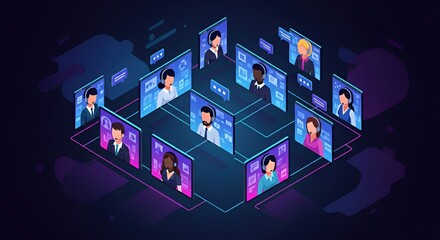 Virtual Team Meeting with Diverse Professionals Using Headsets on Video Call in Digital Office