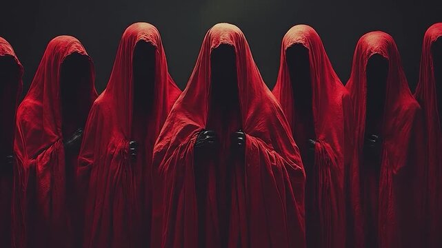 Redhooded figures with dark background.