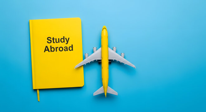 Study abroad concept with a yellow notebook and a toy airplane on a blue background. International education and travel.
