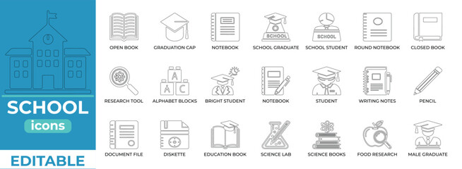 Modern school vector icons for education, learning, and teaching