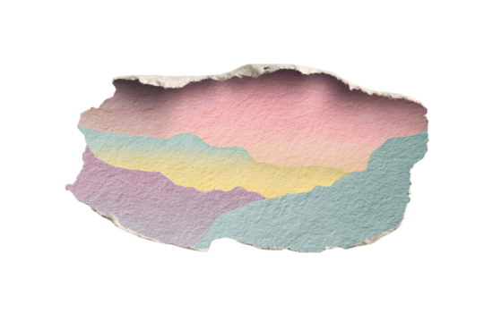 Creative collage of grainy ripped sticker shapes in pastel hues and textures