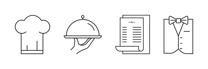 Restaurant service chef hat, food platter, menu paper, waiter uniform icon vector illustration for kitchen, dining, hospitality, hotel industry.
