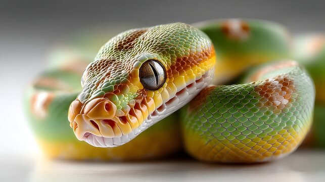 Close up of a vibrant green snake with a coiled body and open mouth revealing its sharp fangs and intimidating appearance against a blurred background - Powered by Adobe