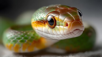 Obraz premium Detailed close up of a vibrant venomous snake with a curious alert expression in its natural forest habitat