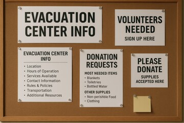 Flood warning evacuation. Evacuation center information and volunteer sign-up notice on a bulletin board.