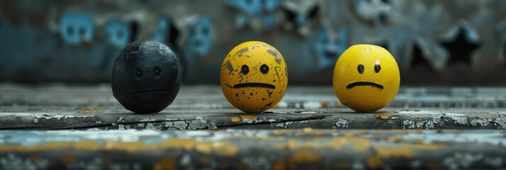 Anti-bullying awareness with sad emojis for don't be a bully month. The problem of bullying at school, bullying of classmates based on nationality, race or class. Horizontal banner. Copy space