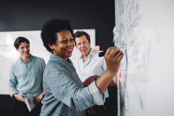 A middle-aged African-American woman collaborates on a whiteboard with marketing staff, refining branding messages and visual storytelling approaches for a new product campaign launch
