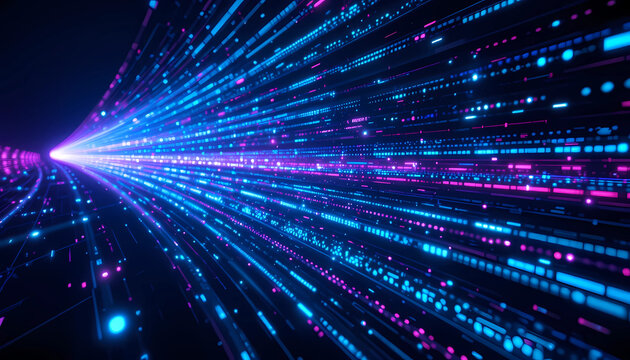 Abstract digital stream of data with blue and pink glowing lines converging to a bright point