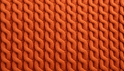 Orange Cable Knit Wool Pattern. Textile Surface. Close up Texture. Background. Yarn.