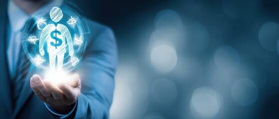 The businessman presenting a digital human figure with dollar sign symbols.