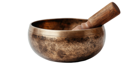 Antique-toned singing bowl with wooden mallet