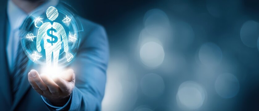 The businessman presenting a digital human figure with dollar sign symbols.