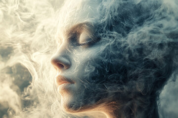 The silhouette of a serene female face is surrounded by clouds of thick smoke.