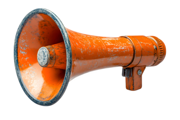 Orange megaphone on white background isolated close up, hand loudspeaker design, loud-hailer or speaking trumpet, announcement symbol, speaker voice volume increase device, media or communication sign