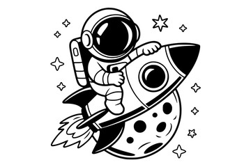 Cute Astronaut Playing with Rocket on Moon – Bold Minimalist Vector Line Art for Apparel and Vinyl Cutting generative ai