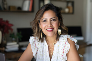 A middle-aged Hispanic woman curates a virtual book club for professional women, hosting discussions on leadership titles that spark inspiration, growth, and honest dialogue across departments