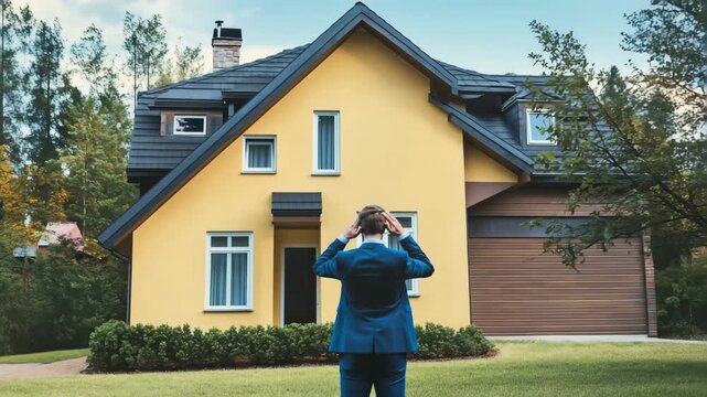 Worried real estate agent standing in front of house and holding his head in hands. Shocked realtor outdoors, rear view. Man bankrupt can not pay home loan payment. Mortgage delinquency and default
