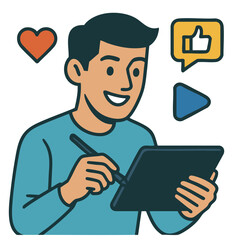 Working person using tablet to create engaging content with cheerful character