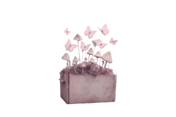 Whimsical box filled with pastel butterflies and mushrooms