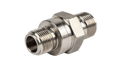 A stainless steel plumbing union joint with male threaded connectors isolated on a transparent background