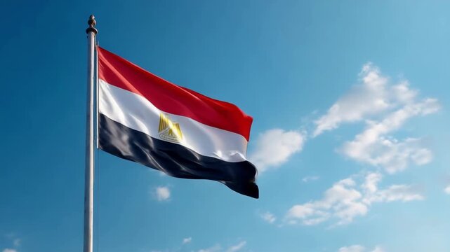 The vibrant flag of Egypt flutters gracefully in the wind under a bright blue sky, symbolizing national pride and heritage.