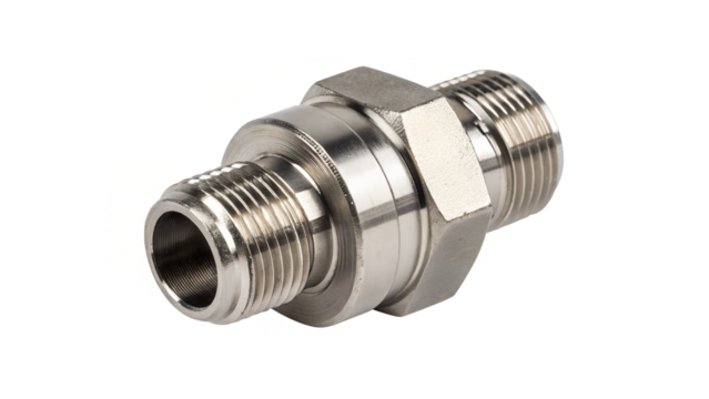 A stainless steel plumbing union joint with male threaded connectors isolated on a transparent background