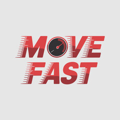Dynamic red typography emphasizing speed and motion with a central circular element suggesting time or a gauge